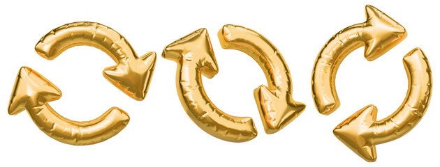 Golden inflated balloon arrows set. Reset symbol. 3D rendering.