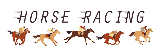 Horse racing vector flat banner design, Jockeys sprinting on a horse, animal sport competition, equestrian championship