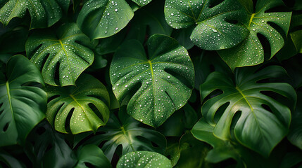 Fototapeta premium A close up of a bunch of green leaves with droplets of water on them