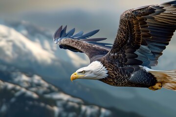 Eagle in flight over snowy mountains, majestic wings spread