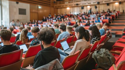 University Students Collaborating in Modern Lecture Hall Using Laptops and Tablets for Education