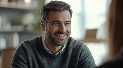 Obraz premium Confident and Charismatic: A successful businessman smiles warmly, showcasing genuine connection and positive energy. 