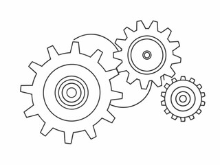 Single Continuous Line Illustration of Interlocking Gears, Minimalist Vector Art Design, Technical Drawing Style.