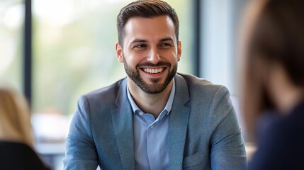 Fototapeta premium Confidently Engaged: A portrait of a smiling businessman, captured in a moment of authentic connection during a meeting, exuding confidence and charisma. 