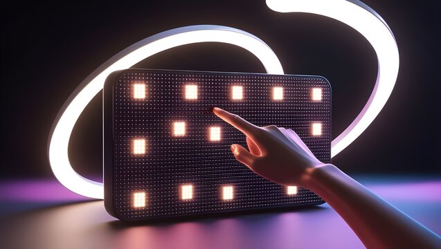 A realistic depiction of an interactive LED interface with dots lighting up in response to virtual touch, all set on a dark, high contrast background, showcasing the interactivity of modern technology
