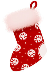 A red christmas sock and white fluffy with pattern of white snow flakes and white dots and a hanging loop isolated on white background 