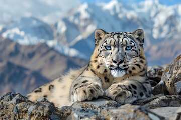 Fototapeta premium Snow leopard resting on rocky ledge with mountain backdrop