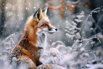 Fototapeta premium Red fox in snowy forest, looking alert and wild.