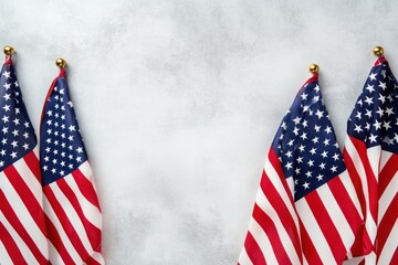 Obraz premium American Flags Hanging on Grey Wall with Copy Space