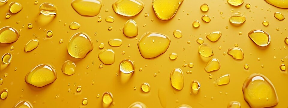 Condensation water or beer drops on a yellow glass texture background. Champagne or oil droplets, pure juice blobs .Top view