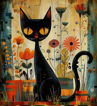 black kitty cat kitten sitting garden flowers baseman cheerful aesthetics tall grass bright amber eyes expression prairie