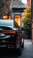 Modern Black Sedan with Sleek Taillights Parked in Elegant Suburban Neighborhood