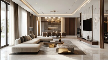 Fototapeta premium A large living room with a white couch, a coffee table, and a brown ottoman