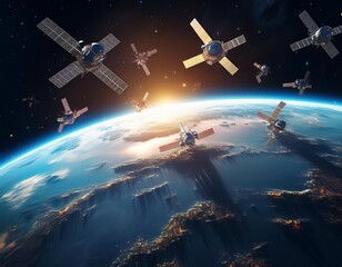 Obraz premium Many Satellites Flying over Earth as Seen from the Space