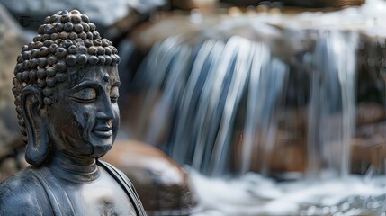 Buddha statue with a serene smile, set against a backdrop of a gently flowing waterfall. 