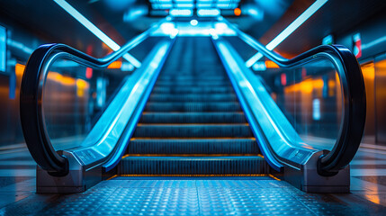 A blue escalator with a staircase in front of it