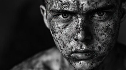 A man with sweat on his face and a black and white photo of him