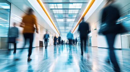 Fototapeta premium The Pulse of Business: A bustling office hallway throbs with the energy of professionals in motion, their blurred silhouettes conveying the relentless pace of the corporate world. 