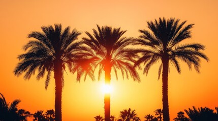 Palm trees are silhouette against a beautiful sunset