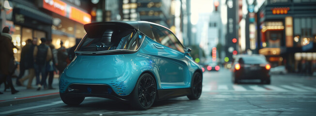 Fototapeta premium Compact Blue City Car Driving Through Busy Urban Street in Daylight for Urban Mobility Concept