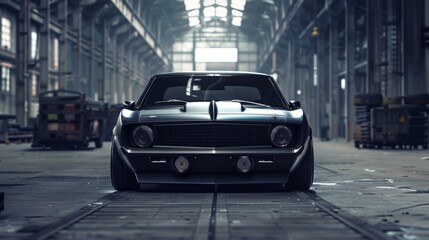 Front View of Aggressive Matte Black Muscle Car in Industrial Setting - Automotive Stock Photo
