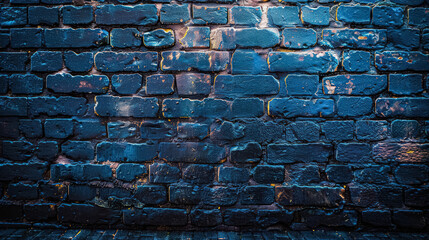 A blue brick wall with a light blue shadow on it. The wall is covered in blue paint and has a rough...