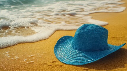 A blue straw hat is laying on the sand at the beach