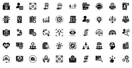 Mega Set Of Vector Customer Relationship Isolated Silhouette Solid Icons With Client,Management,Communication,Connection,Customer Business Infographic Elements Logo Vector Illustration