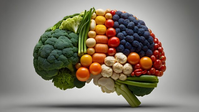 A vibrant human brain illustration made entirely of colorful vegetables, showcasing vegetarian and vegan nutrition. Diverse plant-based foods form intricate brain patterns, symbolizing health, nutrien