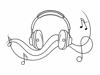 continuous single line drawing of stereo headphones and sheet music musical notes, listening to music concept line art vector illustration
