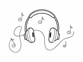 continuous single line drawing of stereo headphones and sheet music musical notes, listening to music concept line art vector illustration
