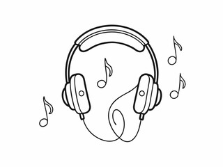 continuous single line drawing of stereo headphones and sheet music musical notes, listening to music concept line art vector illustration
