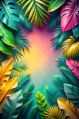 Fototapeta premium Dreamy Tropical Background. Vibrant Leaves on a Pink, Yellow, and Teal Gradient.