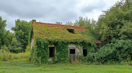 Obraz premium A house with ivy growing on it is in a field