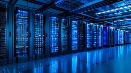 Fototapeta premium Data Center Corridor with Server Racks. High Internet Visualisation Projection, server technology datum network, web security