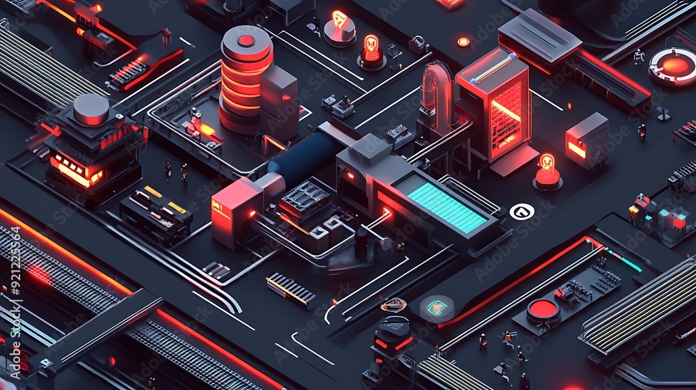 Poster digital factory with robotic assembly lines and ai production management