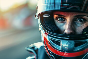 Fototapeta premium Focused Race Car Driver Wearing Helmet During High-Speed Track Lesson