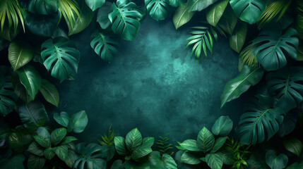 A lush green jungle with a large leafy green background