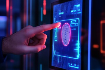 A hand scans a fingerprint on a futuristic digital display.  The screen is blue and pink with glowing lines and data.