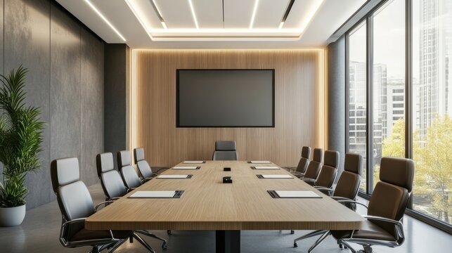 A large conference room with a long wooden table and chairs