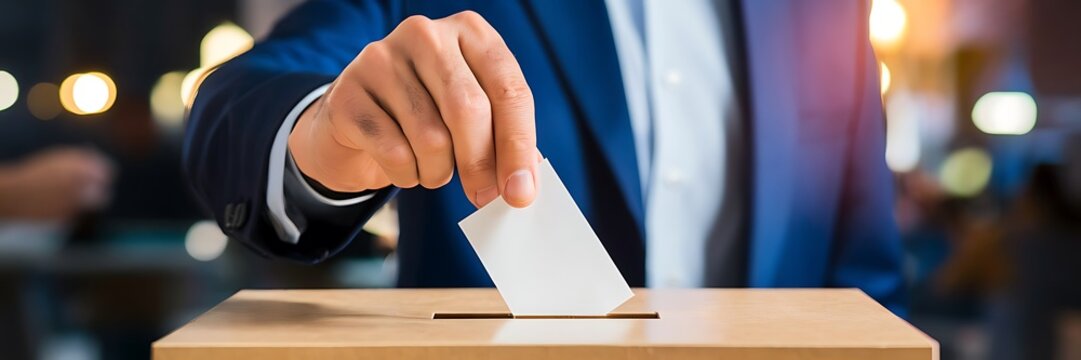 man in formal clothing putting a chit in a ballot box , voting , democracy