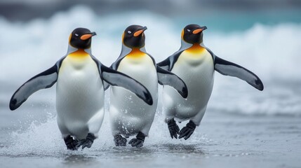 Fototapeta premium A group of penguins are running in the beach water
