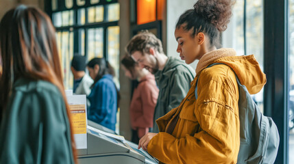Fototapeta premium Young woman with curly hair using an information kiosk in a busy, modern indoor setting.