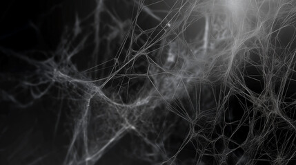 Abstract dark web-like structure with intricate interwoven white threads against a black background.