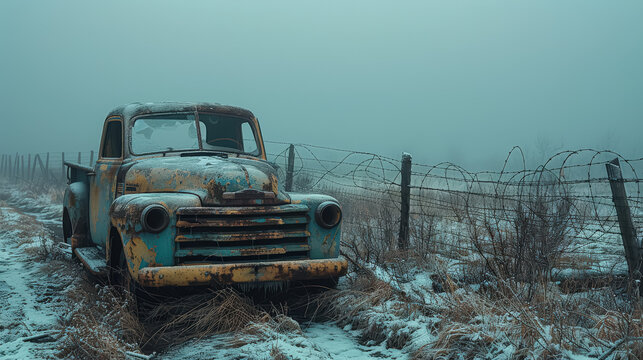 An old truck is parked on a dirt road in a foggy, desolate area. The truck is rusted and he is abandoned. The scene is eerie and gives off a sense of loneliness and abandonment - Powered by Adobe