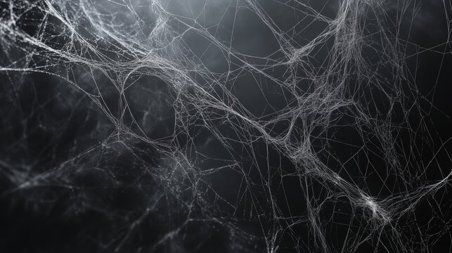 Close-up of delicate spider webs against a dark background, showcasing intricate patterns and fine details.