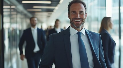 Fototapeta premium Confident Leader: A charismatic businessman confidently striding through a modern office corridor, radiating success and leadership. 