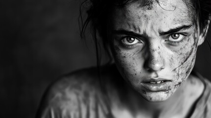 Fototapeta premium A woman with a dirty face and a serious expression