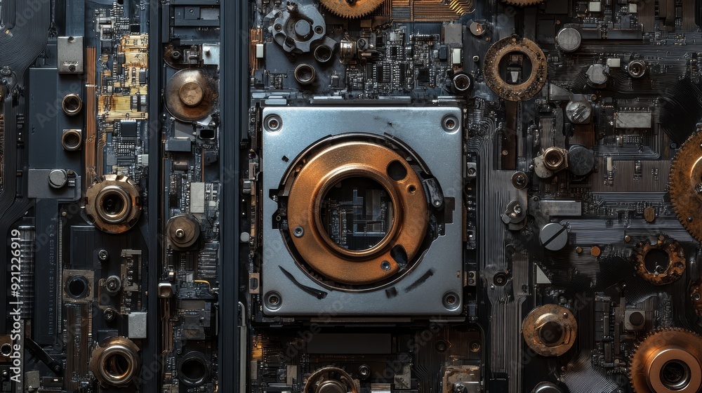 Sticker A detailed close-up of a circuit board with a lens and gears, symbolizing technology, innovation, mechanics, precision, and complexity.