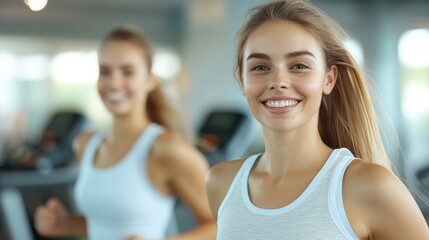 Fototapeta premium A cheerful woman with a ponytail, clad in sportswear, seen running on a treadmill at the gym while smiling enthusiastically, perhaps enjoying a fulfilling workout.